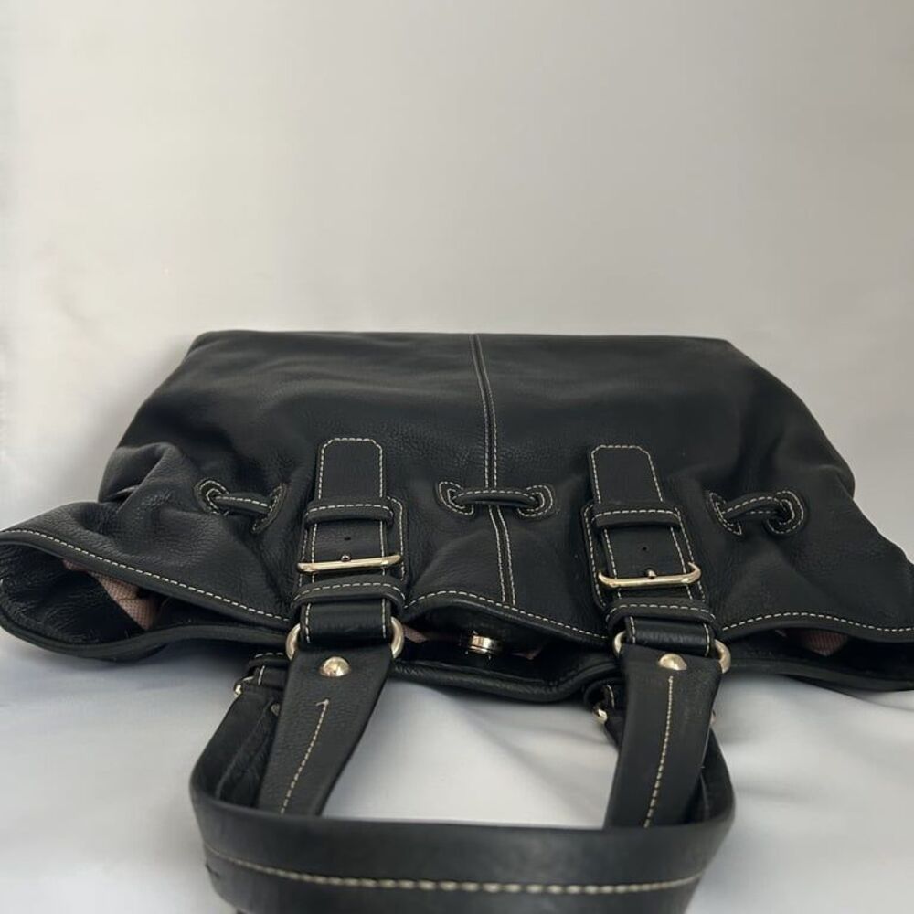 Dooney & Bourke Pebbled Leather Drawstring Tote Satchel Black Contrast Stitch - Picture 6 of 15